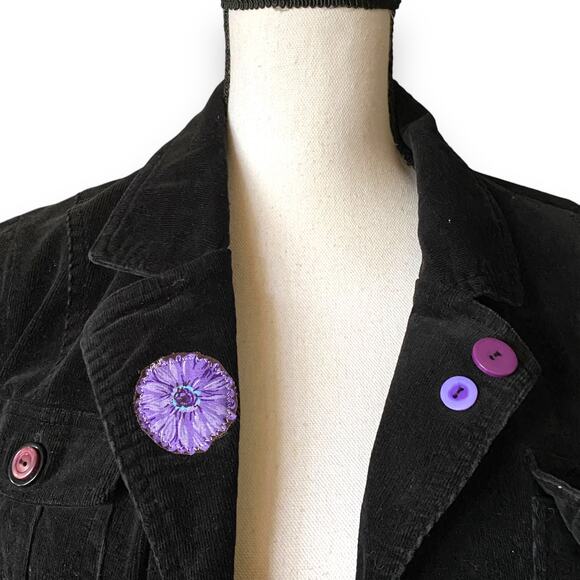 Reworked Embellished Corduroy Jacket Sz S/M Black Purple Flowers Doll People - Picture 9 of 13